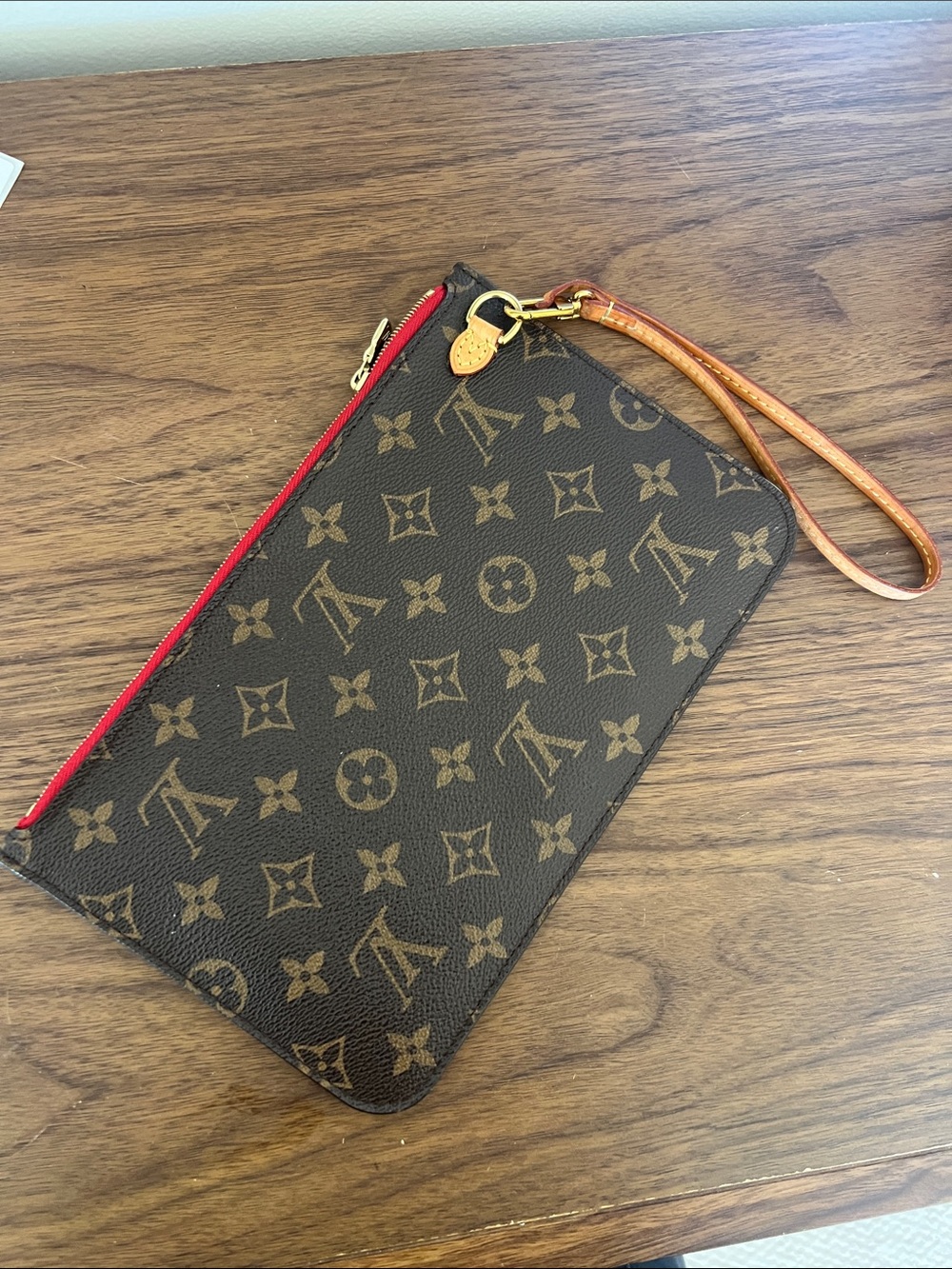 Louis Vuitton Monogram Wristlet Pouch with Red Zip and Tan Strap